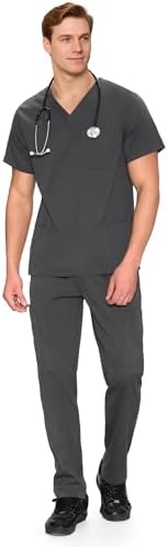 COZYFIT V-Neck Scrubs Set for Men - 11 Pocket Recycled Fabric Top & Straight Leg Pants - Sustainable Workwear for Medica