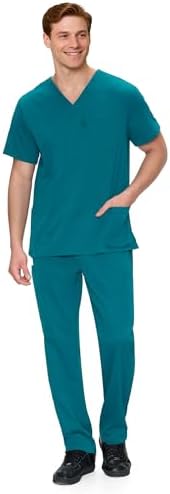 COZYFIT V-Neck Scrubs Set for Men - 11 Pocket Recycled Fabric Top & Straight Leg Pants - Sustainable Workwear for Medica
