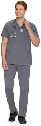 COZYFIT V-Neck Scrubs Set for Men - 11 Pocket Recycled Fabric Top & Straight Leg Pants - Sustainable Workwear for Medica