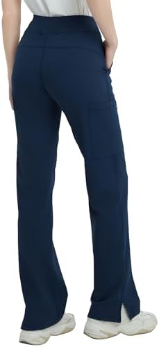QBK High Rise Yoga Scrub Pants Women - Anti-Wrinkle Straight Wide Leg Uniform Pants with Cargo Pocket for Comfort & Flex
