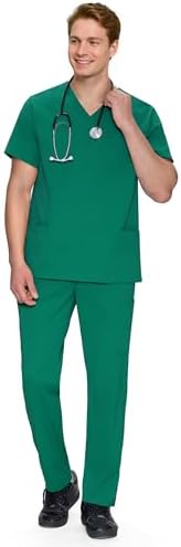 COZYFIT V-Neck Scrubs Set for Men - 11 Pocket Recycled Fabric Top & Straight Leg Pants - Sustainable Workwear for Medica