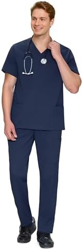 COZYFIT V-Neck Scrubs Set for Men - 11 Pocket Recycled Fabric Top & Straight Leg Pants - Sustainable Workwear for Medica