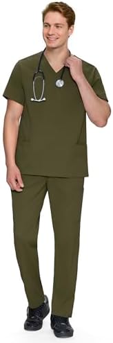 COZYFIT V-Neck Scrubs Set for Men - 11 Pocket Recycled Fabric Top & Straight Leg Pants - Sustainable Workwear for Medica
