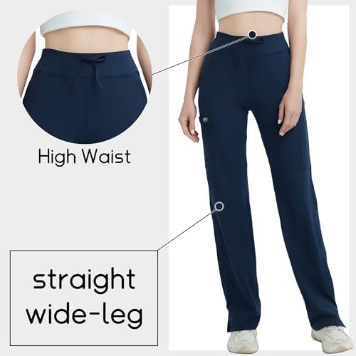 QBK High Rise Yoga Scrub Pants Women - Anti-Wrinkle Straight Wide Leg Uniform Pants with Cargo Pocket for Comfort & Flex